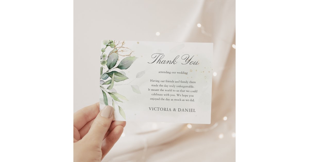 Elegant Eucalyptus Leaves Greenery Gold Wedding Thank You Card | Zazzle
