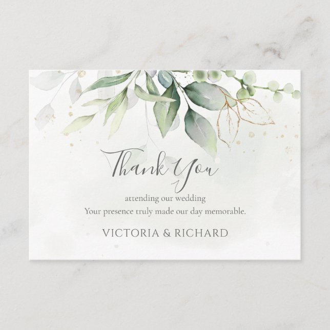 Elegant Eucalyptus Leaves Greenery Gold Wedding Thank You Card (Front)