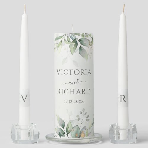 Elegant Eucalyptus Leaves Greenery Gold Wedding Unity Candle Set