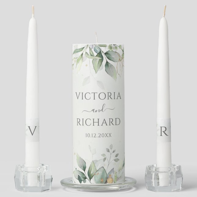 Elegant Eucalyptus Leaves Greenery Gold Wedding Unity Candle Set (Front)