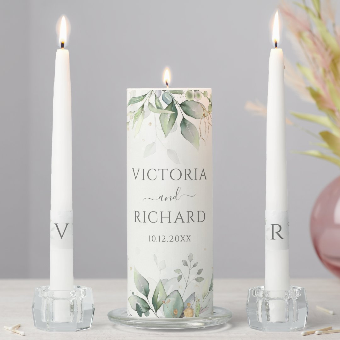 Elegant Eucalyptus Leaves Greenery Gold Wedding Unity Candle Set Zazzle