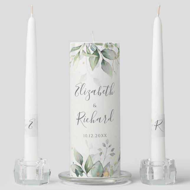 Elegant Eucalyptus Leaves Greenery Gold Wedding Unity Candle Set (Front)
