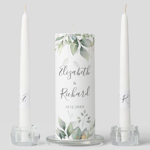 Elegant Eucalyptus Leaves Greenery Gold Wedding Unity Candle Set