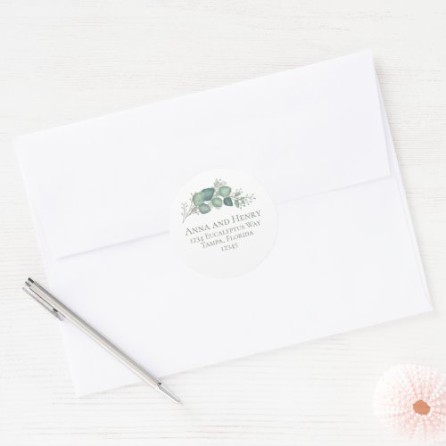 Elegant Eucalyptus Leaves Greenery Return Address Classic Round Sticker