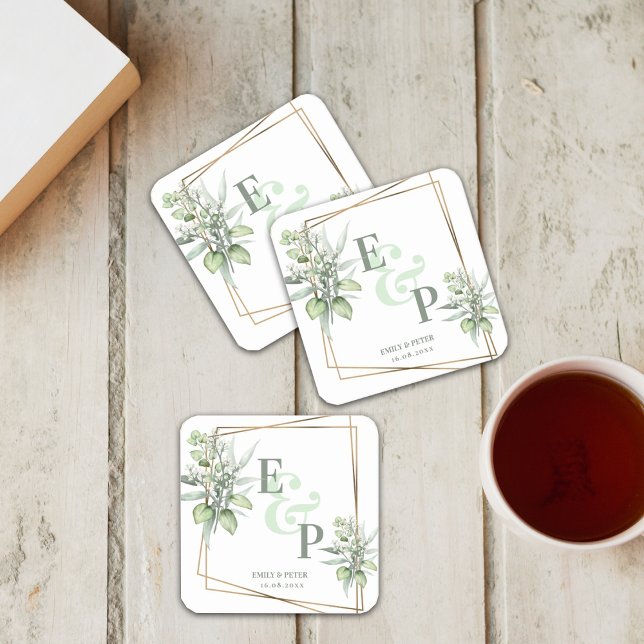 Elegant Eucalyptus Leaves Greenery  Wedding Party Square Paper Coaster (Creator Uploaded)