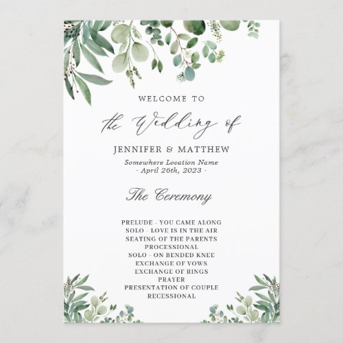 Elegant Eucalyptus Leaves Greenery Wedding Program - Elegant Eucalyptus Leaves Greenery - Personalized Wedding Program Card. 
(1) For further customization, please click the "customize further" link and use our design tool to modify this template. 
(2) If you need help or matching items, please contact me.