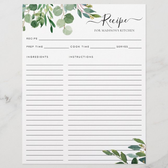 Elegant Eucalyptus Leaves Kitchen Recipe (Front)