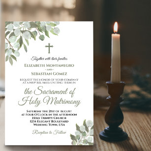 Elegant Eucalyptus Leaves Modern Catholic Wedding Invitation