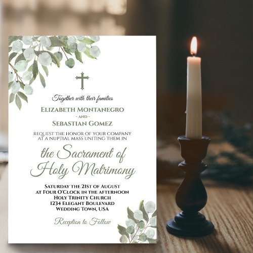 Elegant Eucalyptus Leaves Modern Catholic Wedding Invitation