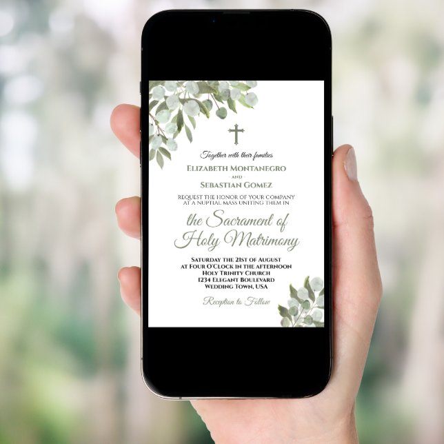 Elegant Eucalyptus Leaves Modern Catholic Wedding Invitation (Front Digital)