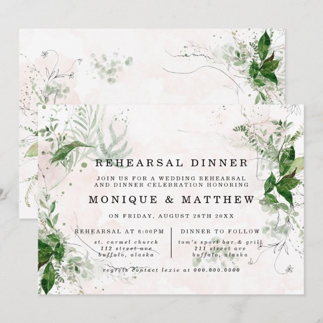 Elegant Eucalyptus Leaves Pink Rehearsal Dinner Invitation (Front/Back)