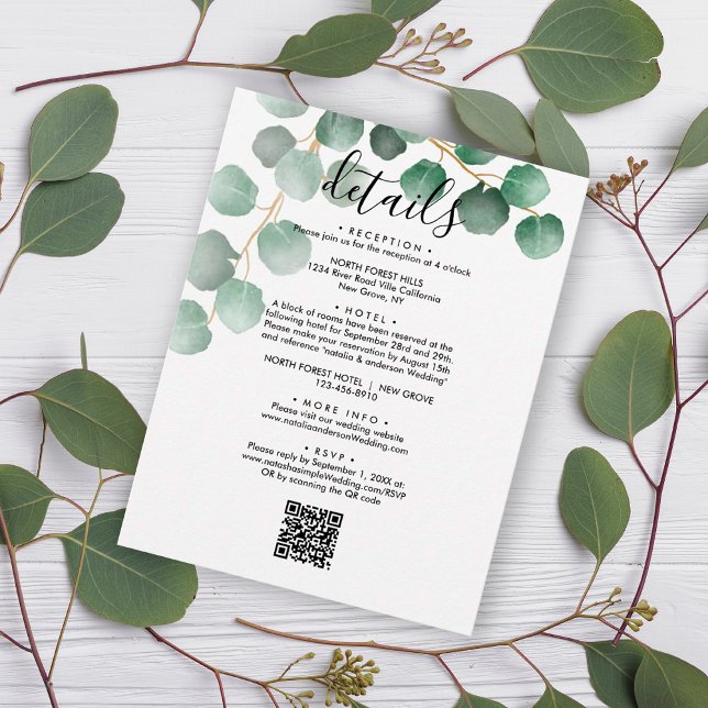 Elegant Eucalyptus Leaves QR Code Wedding Details Enclosure Card (Creator Uploaded)
