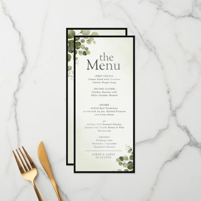 Elegant Eucalyptus Leaves Rustic Budget Dinner Menu (Front/Back In Situ)
