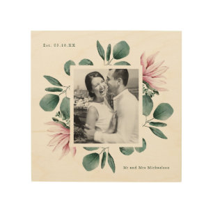 Elegant Eucalyptus Leaves Watercolor Photo Wedding Wood Wall Art