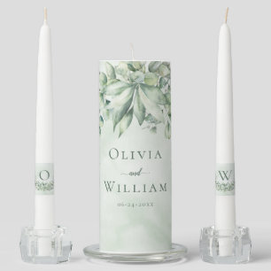 Elegant Eucalyptus Leaves Watercolor Wedding Unity Candle Set