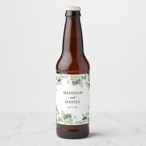 Elegant Eucalyptus Leaves Wedding Beer Bottle Label