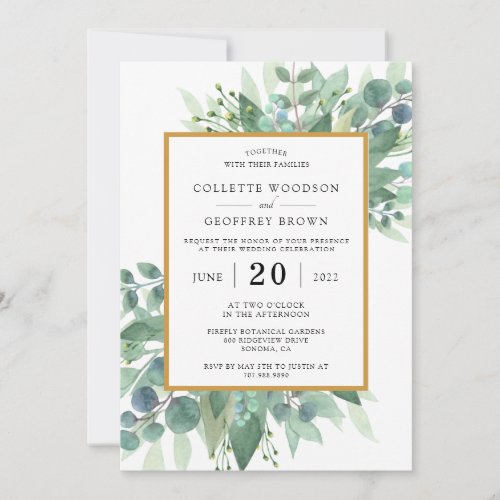 Elegant Eucalyptus Leaves Wedding Gold Border Invitation