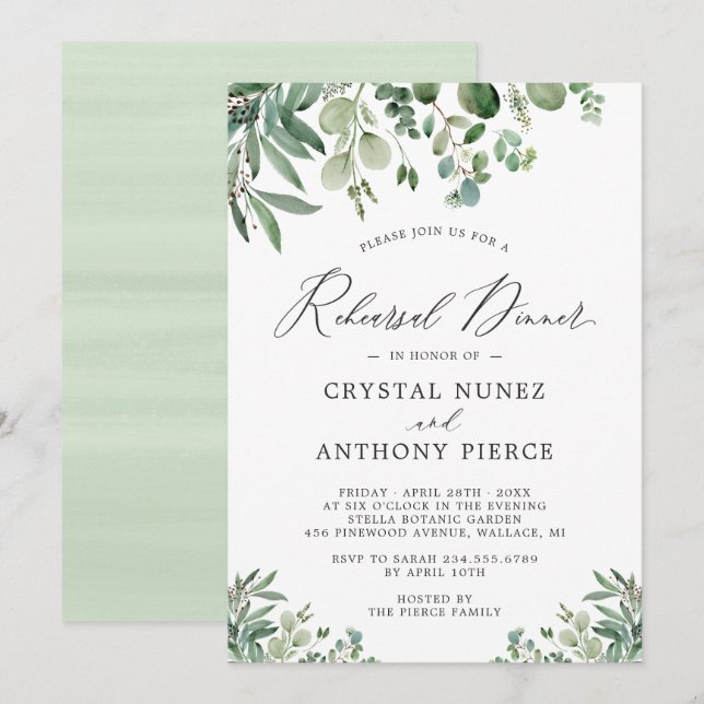 Elegant Eucalyptus Leaves Wedding Rehearsal Dinner Invitation (Front/Back)