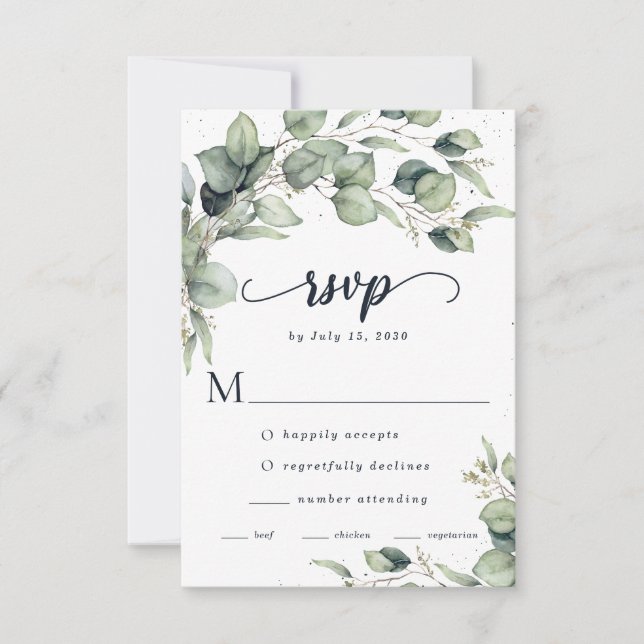 Elegant Eucalyptus Leaves Wedding RSVP Card (Front)