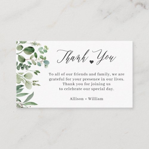 Elegant Eucalyptus Leaves Wedding Table Thank You Enclosure Card