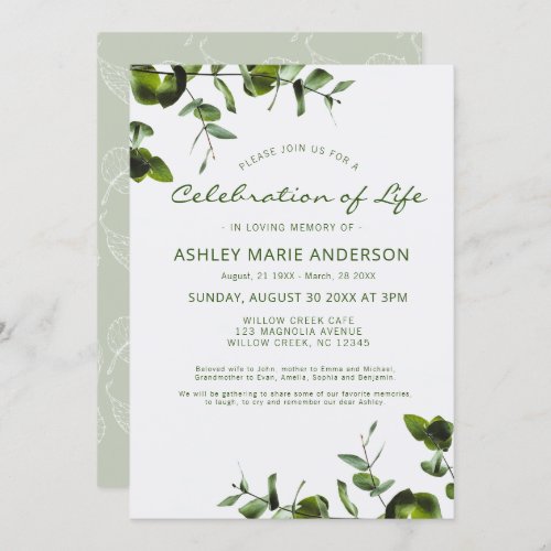 Elegant Eucalyptus Memorial Celebration Of Life Invitation