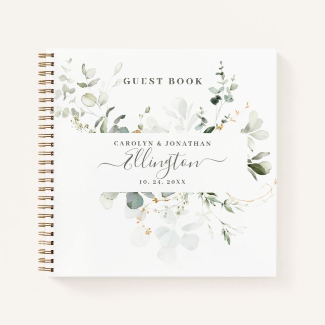 Elegant Eucalyptus Modern Script Photo Guest book  (Front)