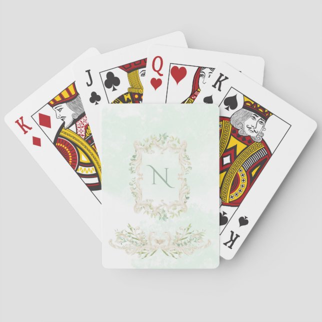 Elegant Eucalyptus Monogram Green Ivory Frame Poker Cards (Back)