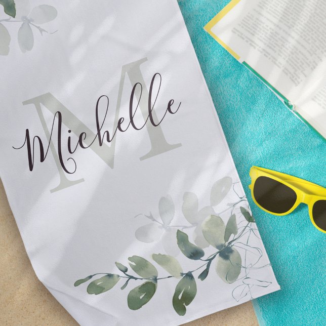 Elegant Eucalyptus Monogram Script Name  Beach Towel (Creator Uploaded)