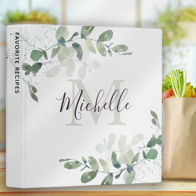 Elegant Eucalyptus Monogram Script Name Recipe 3 Ring Binder (Creator Uploaded)