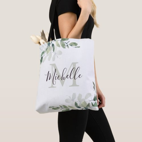 Elegant Eucalyptus Monogram Script Name Tote Bag