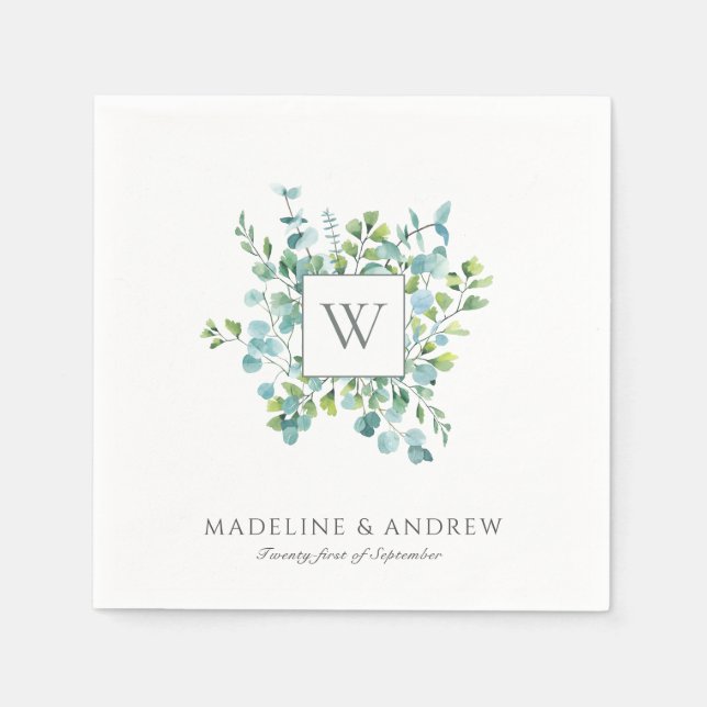 Elegant Eucalyptus Monogram Wedding Napkins (Front)