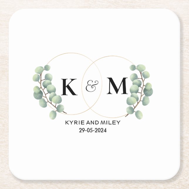 elegant eucalyptus monogram wedding square paper coaster (Front)