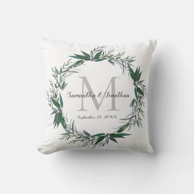 Elegant Eucalyptus Monogram White Wedding Keepsake Throw Pillow (Front)