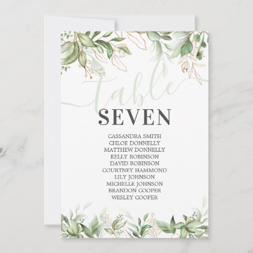 Elegant Eucalyptus Name Seating Table Numbers - Elegant greenery table seating chart cards featuring a stylish white background, botanical watercolor eucalyptus foliage, gold glitter accents, and a modern wedding table number template with your guests names.
