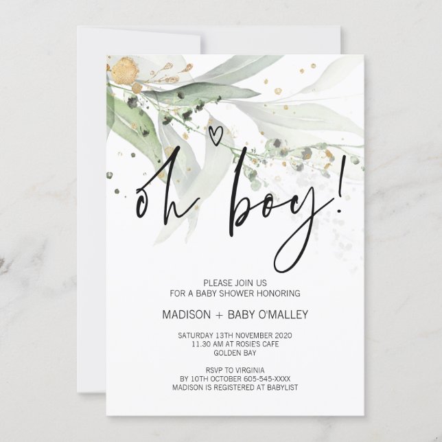 Elegant Eucalyptus Oh Boy Baby Shower Party Invitation (Front)