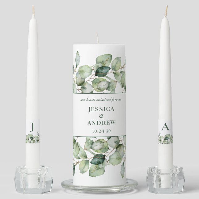 Elegant Eucalyptus Our Hearts Entwined Forever Unity Candle Set (Front)