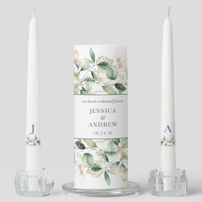 Elegant Eucalyptus Our Hearts Entwined Forever Unity Candle Set (Front)