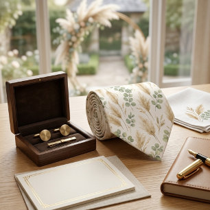 Elegant Eucalyptus & Pampas Grass Neutral Boho Neck Tie