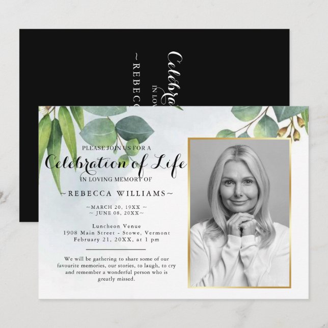 Elegant Eucalyptus Photo Celebration of life Invitation (Front/Back)