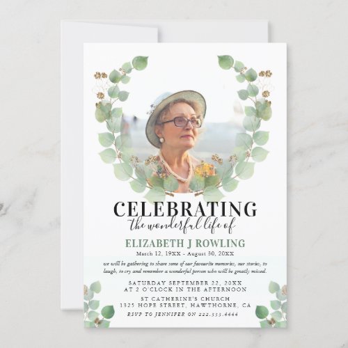 Elegant Eucalyptus Photo Celebration of Life Invitation