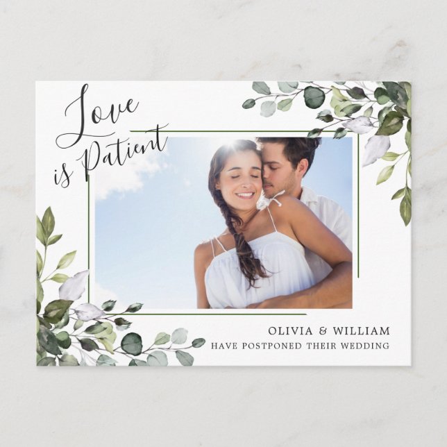 Elegant Eucalyptus PHOTO Wedding Change of Plans Postcard (Front)