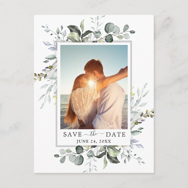Elegant Eucalyptus PHOTO Wedding Save the Date Postcard (Front)