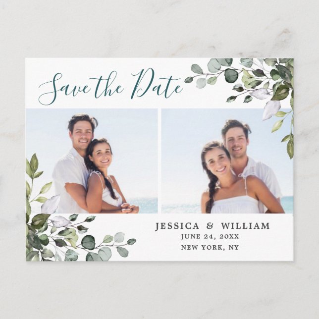 Elegant Eucalyptus PHOTO Wedding Save the Date Postcard (Front)