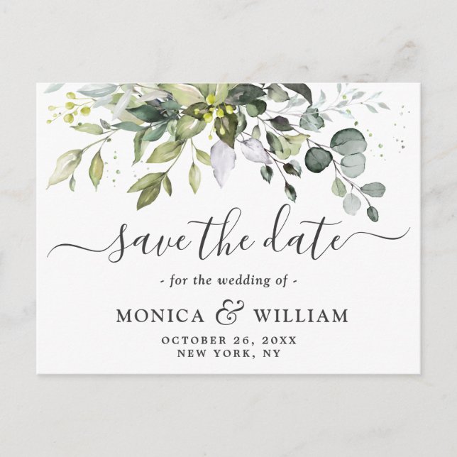 Elegant Eucalyptus PHOTO Wedding Save the Date Postcard (Front)