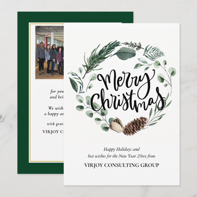Elegant Eucalyptus Pine Foliage Wreath Business Holiday Card (Front/Back)