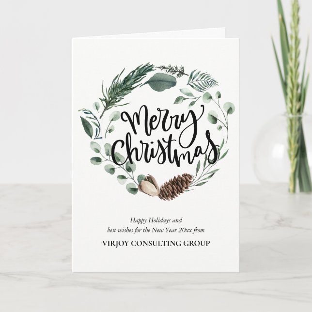 Elegant Eucalyptus Pine Greenery Photo Business Holiday Card (Front)