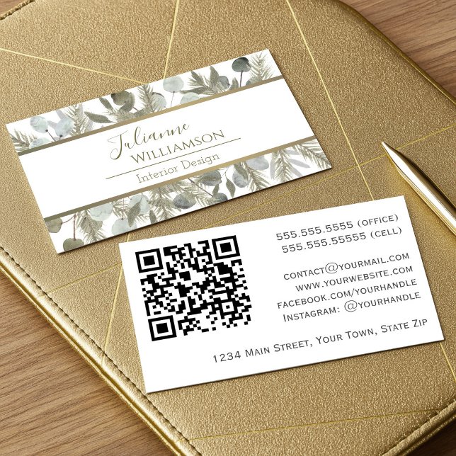 Elegant Eucalyptus & Pine Sage & Gold QR Code Business Card (Front/Back)