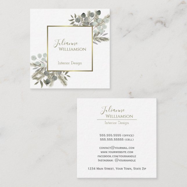 Elegant Eucalyptus & Pine Sage Green & Gold Square Business Card (Front/Back)