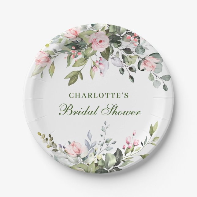 Elegant Eucalyptus Pink Blush Roses Bridal Shower Paper Plates (Front)