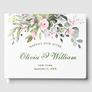 Elegant Eucalyptus Pink Blush Roses Floral Wedding Guest Book